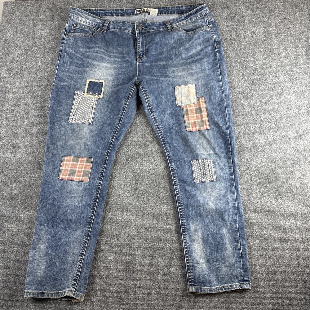 Zana Di Patchwork Plaid Distressed Jeans Medium Wash Plus Size 24W